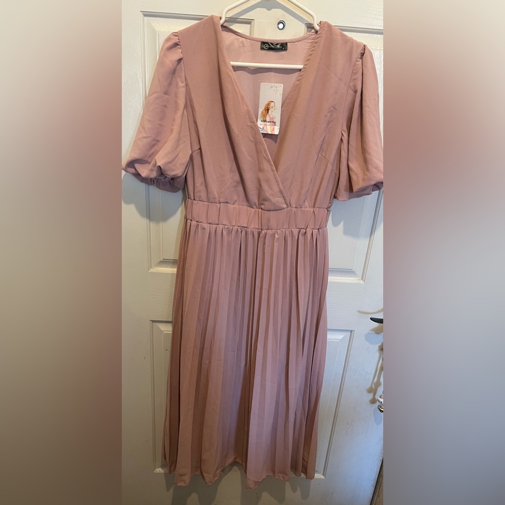 PRETTYGARDEN Women's  Pleated Midi Dress Wrap V Neck Puff Sleeve Small